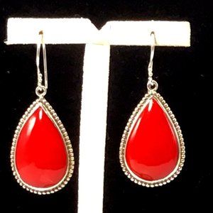 Red Stone Earrings Sterling Silver Vintage Dangle Teardrop 1.75”